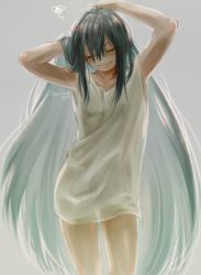 Rule 34 | 1girl, aiue0, alternate costume, armpits, arms behind head, arms up, asui tsuyu, black hair, boku no hero academia, closed eyes, closed mouth, collarbone, commentary request, contrapposto, cowboy shot, dress, facing viewer, grey background, highres, long hair, simple background, solo, squiggle, twitter username, very long hair, white dress
