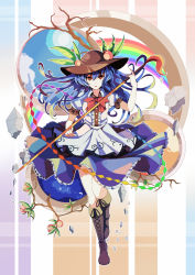 Rule 34 | 1girl, blue hair, boots, bow, cross-laced footwear, food, fruit, hat, hinanawi tenshi, knee boots, lace-up boots, nakaichi (ridil), open mouth, peach, puffy short sleeves, puffy sleeves, rainbow, red eyes, shirt, short sleeves, skirt, solo, sword of hisou, touhou