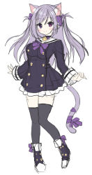 Rule 34 | 1girl, animal ear fluff, animal ears, black dress, black footwear, black thighhighs, blush, boots, bow, breasts, cat ears, cat girl, cat tail, closed mouth, commentary request, dress, ears visible through hair, full body, heterochromia, long hair, long sleeves, mauve, medium breasts, neck bell, original, pleated dress, purple bow, purple eyes, purple hair, sailor collar, sailor dress, simple background, sketch, smile, solo, split mouth, standing, standing on one leg, tail, tail bow, tail ornament, thighhighs, thighhighs under boots, two side up, unfinished, very long hair, virtual youtuber, white background, white sailor collar