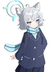 Rule 34 | 1girl, absurdres, aged down, ahoge, animal ear fluff, animal ears, blue archive, blue eyes, blue halo, blue jacket, blue necktie, blue scarf, blue skirt, blush, closed mouth, commentary request, cowboy shot, cross hair ornament, grey hair, hair ornament, halo, hand in pocket, highres, huajiao, jacket, long sleeves, looking at viewer, mismatched pupils, necktie, pleated skirt, pout, scarf, shiroko (blue archive), short hair, simple background, skirt, solo, standing, striped clothes, striped scarf, white background, wolf ears