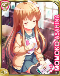 Rule 34 | 1girl, asahina momoko, black thighhighs, blue skirt, bow, brown hair, card (medium), cardigan, character name, closed mouth, envelope, closed eyes, girlfriend (kari), hair bow, hair ribbon, indoors, jacket, official art, one side up, pink bow, pleated skirt, qp:flapper, red eyes, ribbon, sailor uniform, school uniform, side ponytail, sitting, skirt, smile, solo, thighhighs, yellow jacket