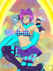 Rule 34 | 1girl, absurdres, alternate color, alternate costume, alternate eye color, alternate hair color, animal ears, arms up, aura, bare shoulders, belt, bikini, blue cape, blue eyes, blue footwear, blue nails, blush, boots, bra, breasts, cape, cat ears, checkered bikini, checkered clothes, checkered sleeves, checkered thighhighs, cleavage, cm artist, corruption, curious cat (rwby), dark persona, evil smile, fingerless gloves, gloves, glowing, highres, kneeling, large breasts, looking at viewer, medium breasts, midriff, nail, nail polish, possessed, possession, purple ears, purple hair, purple skirt, ruby rose, rwby, signature, skirt, slit pupils, smile, swimsuit, torn, torn clothes, torn sleeves, underwear, watermark, whiskers