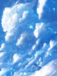 Rule 34 | 1girl, black hair, blue theme, cloud, dress, dutch angle, from behind, light particles, looking afar, original, sakimori (hououbds), scenery, sky, solo, star (sky), surreal, twintails, wind