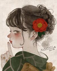 Rule 34 | 1girl, 2018, artist name, back bow, black hair, blunt bangs, blush, bow, brown bow, brown eyes, commentary request, eyelashes, finger to mouth, flower, flower request, from behind, green kimono, hair bun, hair flower, hair ornament, highres, japanese clothes, kimono, kusunoki satomi, light blush, lipstick, looking at viewer, makeup, mole, mole under eye, nail polish, nose blush, orange nails, original, paper background, parted lips, pom pom (clothes), pom pom hair ornament, red flower, red lips, short hair, shushing, single hair bun, solo, upper body, white background