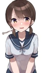 Rule 34 | 1girl, bare shoulders, blue sailor collar, blue skirt, blush, brown eyes, brown hair, highres, kantai collection, one-hour drawing challenge, open mouth, sailor collar, school uniform, serafuku, shirasumato, shirayuki (kancolle), short hair, short twintails, simple background, skirt, solo, twintails, twitter username, upper body, white background