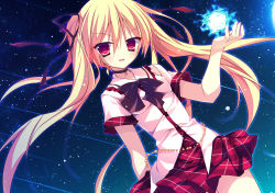 Rule 34 | 1girl, black bow, blonde hair, bow, bowtie, character request, collar, eyebrows, hair between eyes, hair ribbon, highres, lamunation, long hair, looking at viewer, night, outdoors, pleated skirt, red ribbon, red skirt, ribbon, ringonotane, skirt, solo, twintails