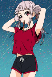 Rule 34 | 1girl, adjusting hair, arashi chisato, artist name, artist request, bare legs, black shorts, black tank top, blue sky, blush, breasts, close-up, cloud, collarbone, double bun, female focus, fixing hair, hair bun, hair tie, highres, long hair, looking at viewer, love live!, love live! school idol festival, love live! superstar!!, mouth hold, night, night sky, parted lips, pink eyes, red eyes, red shirt, shirt, short shorts, short sleeves, shorts, sky, small breasts, smile, solo, star (sky), tank top, twintails, undershirt, wavy hair, white hair