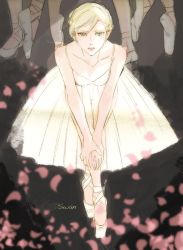 Rule 34 | 1girl, alternate costume, alternate hairstyle, amanattou, bad id, bad pixiv id, ballerina, ballet slippers, bare shoulders, blonde hair, krista lenz, dress, english text, feet, green eyes, hair between eyes, leaning forward, looking at viewer, petals, rose petals, see-through, serious, shingeki no kyojin, simple background, solo focus, v arms, white dress