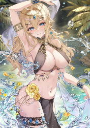 Rule 34 | 1girl, aqua eyes, arm up, armlet, armpits, blonde hair, breasts, closed mouth, commentary request, dancer, day, fang qiao, flower, forehead jewel, gold choker, hair between eyes, hair ornament, highres, large breasts, leaf, long hair, looking at viewer, mole, mole under eye, navel, on&#039;na eshi (fang qiao), original, outdoors, paid reward available, pelvic curtain, revealing clothes, rose, see-through, see-through shawl, shawl, smile, solo, splashing, wading, water, x hair ornament, yellow flower, yellow rose