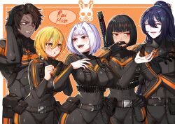 Rule 34 | + +, 2boys, 3girls, asdf (rokiru08), belt, belt pouch, black hair, blonde hair, blue hair, breasts, dark-skinned male, dark skin, don quixote (project moon), fang, heathcliff (project moon), highres, hong lu (project moon), large breasts, library of ruina, limbus company, looking at another, multiple boys, multiple girls, myo (project moon), open mouth, ponytail, pouch, project moon, purple eyes, red eyes, ryoshu (project moon), sheath, sheathed, sideways glance, smile, sparkle, white hair, yellow eyes