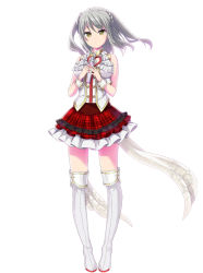 Rule 34 | 1girl, blush, breasts, dress, frilled skirt, full body, grey hair, high heel boots, large breasts, long hair, looking at viewer, microphone, miniskirt, official art, plaid skirt, project tokyo dolls, simple background, skirt, sleeveless, solo, square enix, standing, thigh boots, white background, wrist cuffs, yellow eyes, yuki (project tokyo dolls), zettai ryouiki