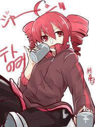 Rule 34 | 1girl, can, drill hair, drooling, highres, holding, holding can, jacket, kasane teto, katai uji, mouth drool, open mouth, pinky out, red eyes, red hair, red jacket, sitting, smile, solo, track jacket, translated, twin drills, utau, v-shaped eyebrows, white background, zipper pull tab