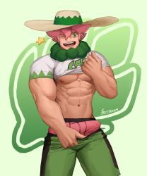 Rule 34 | 1boy, abs, absurdres, bara, bare pectorals, beige headwear, boxers, brown hat, bulge, clothes lift, creatures (company), erection, erection under clothes, feet out of frame, freckles, game freak, green eyes, green shorts, gym leader, hat, helbai, highres, lifting own clothes, looking at viewer, male focus, male underwear, milo (pokemon), muscular, muscular male, navel, nintendo, nipples, paid reward available, pectorals, pink hair, pink male underwear, pokemon, pokemon swsh, shirt, shirt lift, short hair, short sleeves, shorts, smile, solo, sparkle, stomach, sun hat, underwear, white shirt