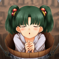 Rule 34 | 1girl, 33kudo, bbb (33kudo), bucket, child, closed eyes, female focus, green hair, hair bobbles, hair ornament, in bucket, in container, incoming kiss, kisume, short hair, solo, touhou, twintails
