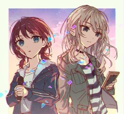 Rule 34 | 2girls, :o, black choker, blazer, blue jacket, brown hair, brown jacket, choker, chromatic aberration, closed mouth, commentary request, girls band cry, holding, holding microphone, iseri nina, jacket, kawaragi momoka, light brown hair, long hair, long sleeves, low twintails, microphone, multicolored hair, multiple girls, open clothes, open jacket, open mouth, picture frame, roots (hair), roudo (idolnoatm), shirt, short hair, short twintails, striped clothes, striped shirt, twintails, white shirt