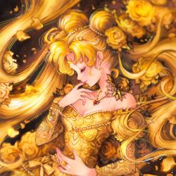 Rule 34 | 1girl, bad neck, bare shoulders, bishoujo senshi sailor moon, blonde hair, blush, breasts, cleavage, closed eyes, crescent, crescent facial mark, double bun, ear piercing, earrings, facial mark, flower, gold dress, hair bun, highres, jewelry, limited palette, long hair, long sleeves, nashi juni, necklace, piercing, princess serenity, profile, sample watermark, solo, tsukino usagi, twintails, upper body, watermark, yellow flower, yellow theme