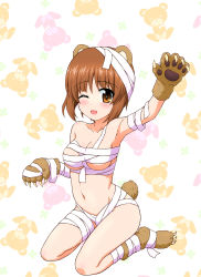 Rule 34 | 1girl, ;d, animal ears, animal hands, animal print, armpits, bandages, bear ears, bear paws, bear print, bear tail, blush, boko (girls und panzer), boko (girls und panzer) (cosplay), breasts, brown eyes, brown hair, cleavage, commentary request, cosplay, enma702, fake animal ears, fake tail, full body, girls und panzer, gloves, highres, looking at viewer, medium breasts, naked bandage, navel, nishizumi miho, one eye closed, open mouth, partial commentary, paw gloves, paw pose, paw shoes, short hair, sitting, smile, solo, tail, waving