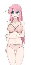 1girl absurdres anime_coloring blue_eyes blush bocchi_the_rock! bow bow_bra bow_panties bra breasts collarbone commentary cube_hair_ornament gotoh_hitori hair_between_eyes hair_ornament hamuno hand_on_own_arm highres large_breasts long_hair looking_to_the_side navel official_style one_side_up open_mouth panties pink_bra pink_hair pink_panties shy simple_background smile solo stomach sweatdrop thighs underwear underwear_only white_background