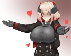 Rule 34 | 1girl, azur lane, black jacket, blonde hair, blush, breasts, closed mouth, commentary request, cross, gloves, gradient background, grey gloves, grey shirt, hair between eyes, headgear, heart, highres, incoming hug, iron cross, jacket, large breasts, medium hair, multicolored hair, outstretched arms, red hair, roon (azur lane), shaded face, shirt, simple background, smile, solo, streaked hair, upper body, white background, xiao (gensou8953)