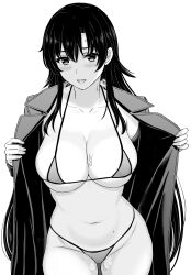 Rule 34 | 1girl, absurdres, bikini, blush, breasts, cleavage, coat, collarbone, commentary request, cowboy shot, flashing, greyscale, highres, hiratsuka shizuka, inanaki shiki, large breasts, long hair, long sleeves, looking at viewer, micro bikini, monochrome, navel, open clothes, open coat, open mouth, opened by self, simple background, solo, string bikini, sweat, swimsuit, very long hair, white background, yahari ore no seishun lovecome wa machigatteiru.
