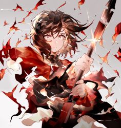 Rule 34 | 1girl, ahoge, artist name, black eyes, black hair, closed mouth, collar, commentary, cross, english commentary, grey background, hair between eyes, highres, holding, holding weapon, light, long sleeves, looking at viewer, ruby rose, rwby, short hair, simple background, solo, sparkle, torn clothes, twitter username, upper body, weapon, yuji (fantasia)