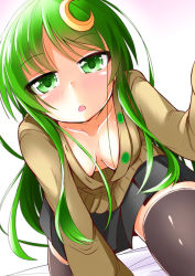 Rule 34 | 10s, 1girl, :o, black skirt, black thighhighs, blush, breasts, commentary request, crescent, crescent hair ornament, downblouse, extended downblouse, green eyes, green hair, hair ornament, hanging breasts, ichimi, kantai collection, long hair, long sleeves, looking at viewer, matching hair/eyes, medium breasts, nagatsuki (kancolle), no bra, skirt, solo, thighhighs