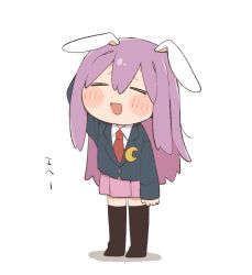 Rule 34 | 1girl, :d, animal ears, black thighhighs, blush stickers, chibi, citrus (place), crescent, crescent pin, closed eyes, full body, long hair, necktie, open mouth, pleated skirt, purple hair, rabbit ears, red necktie, reisen udongein inaba, simple background, skirt, smile, solo, thighhighs, touhou, white background