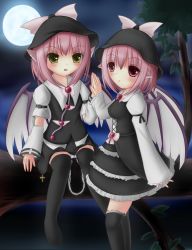 Rule 34 | 1girl, adapted costume, arm belt, bird wings, bow, breasts, chain, cross, detached sleeves, dress, dual persona, full moon, hat, hat bow, highres, in tree, juliet sleeves, layered dress, leaf, long sleeves, looking at viewer, moon, mystia lorelei, night, outdoors, over-kneehighs, palms together, parted lips, pink eyes, pink hair, puffy sleeves, rishu (stilla stella), short hair, sitting, skirt, skirt set, sleeves past wrists, standing, thighhighs, touhou, tree, wings, yellow eyes