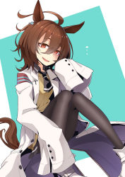 Rule 34 | 1girl, agnes tachyon (umamusume), ahoge, animal ears, black pantyhose, boots, brown eyes, brown hair, highres, horse ears, horse girl, horse tail, jacket, lab coat, necktie, ogami kazuki, open mouth, pantyhose, pen, sleeves past fingers, sleeves past wrists, solo, sweater, tail, two-tone background, umamusume, white jacket