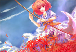 Rule 34 | 1girl, breasts, cleavage, female focus, hair bobbles, hair ornament, medium breasts, nature, onozuka komachi, outdoors, red eyes, red hair, scythe, short hair, sky, solo, touhou, twintails, two side up, vinashyra