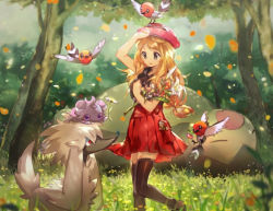 Rule 34 | 1girl, animal, animal on head, arm up, bad id, bad twitter id, bird, bird on head, black shirt, black thighhighs, blonde hair, bouquet, creatures (company), espurr, fletchling, flower, flower in mouth, flying, furfrou, furfrou (natural), game freak, gen 1 pokemon, gen 6 pokemon, grass, hat, holding, holding flower, long hair, low-tied long hair, lying, namie-kun, nintendo, on back, on head, outdoors, parted lips, pleated skirt, pokemon, pokemon (creature), purple eyes, red eyes, red headwear, red skirt, serena (pokemon), shirt, skirt, sleeping, snorlax, thighhighs, tree