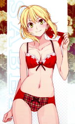 Rule 34 | 10s, 1girl, absurdres, ahoge, arm at side, artoria pendragon (all), artoria pendragon (fate), bare shoulders, blonde hair, blush, bow, bow bra, bow panties, bra, braid, breasts, character name, checkered clothes, checkered panties, cleavage, closed mouth, cowboy shot, fate/extra, fate/stay night, fate (series), female focus, floating hair, floral background, french braid, green eyes, groin, hair between eyes, hair bow, hair ornament, hand up, happy, head tilt, highres, hip focus, legs, legs apart, light blush, lingerie, looking at viewer, medium breasts, morii shizuki, navel, nero claudius (fate), nero claudius (fate) (all), nero claudius (fate/extra), nose blush, panties, red bow, red bra, red panties, saber (fate), short hair, simple background, smile, solo, standing, thighs, underwear, underwear only
