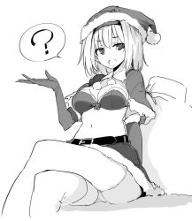Rule 34 | 1girl, ?, alice margatroid, belt, bra, breasts, capelet, cleavage, commentary request, crossed legs, elbow gloves, gloves, greyscale, hand up, hat, kamukamu (ars), looking at viewer, medium breasts, miniskirt, monochrome, open mouth, panties, pantyshot, santa costume, santa hat, simple background, sitting, skirt, solo, spoken question mark, thighhighs, touhou, underwear, white background
