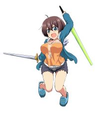 Rule 34 | 1girl, :d, ahoge, arm up, bad id, bad pixiv id, beam saber, black shorts, breasts, brown hair, cleavage, full body, green eyes, hair between eyes, holding, holding sword, holding weapon, large breasts, new game!, open mouth, orange shirt, shinoda hajime, shiny skin, shirt, short hair, short shorts, shorts, simple background, smile, solo, sword, take (shokumu-taiman), weapon, white background