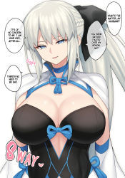 Rule 34 | 1girl, black bow, black dress, black ribbon, blue eyes, bow, braid, breasts, choker, cleavage, dress, english text, fate/grand order, fate (series), french braid, grey hair, hair bow, hair ribbon, hard-translated, highres, large breasts, long hair, long sleeves, looking at viewer, morgan le fay (fate), open mouth, pononozo, ponytail, ribbon, sidelocks, smile, solo, speech bubble, third-party edit, two-tone dress, very long hair, white dress