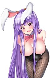 Rule 34 | 1girl, alternate costume, alternate eye color, animal ears, arms up, bent over, blush, breasts, cleavage, collarbone, commentary request, covered navel, detached collar, feet out of frame, fishnet pantyhose, fishnets, highres, large breasts, leotard, long hair, looking at viewer, nosopoppor, open mouth, pantyhose, pink eyes, playboy bunny, purple hair, rabbit ears, red neckwear, reisen udongein inaba, sidelocks, simple background, smile, solo, standing, tail, thighs, tongue, touhou, very long hair, white background, wrist cuffs