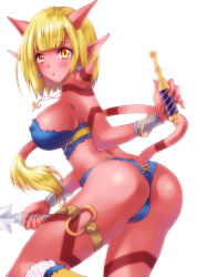 Rule 34 | 1girl, ass, blonde hair, blush, breasts, colored skin, dragon quest, dragon quest x, holding, horns, hoshino madoka, jewelry, knife, large breasts, leg up, necklace, ogre (dq10), pointy ears, red skin, short hair, short shorts, shorts, simple background, solo, tail, thigh strap, weapon, white background, yellow eyes