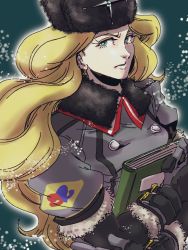 Rule 34 | 1girl, black gloves, blonde hair, blue eyes, book, breasts, buttons, coat, crossed arms, eyebrows, eyelashes, fur hat, fur trim, gloves, hat, holding, holding book, kolin, lips, long hair, looking at viewer, marginalman1045, parted lips, scowl, simple background, snow, street fighter, street fighter v, thighhighs, ushanka, wavy hair, winter clothes, winter coat