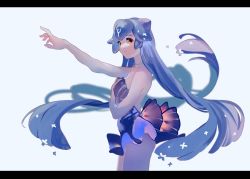 Rule 34 | 1girl, backless dress, backless outfit, bao (vtuber), bao (vtuber) (1st costume), black dress, blue hair, breasts, dress, floating hair, from side, glowing, glowing eyes, highres, indie virtual youtuber, jewelry, kemushitaro, letterboxed, liquid hair, long hair, looking at viewer, necklace, pointing, red eyes, small breasts, smile, solo, very long hair, virtual youtuber