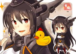 Rule 34 | &gt;:), &gt;:d, 1girl, :d, artist name, black coat, black gloves, black hair, chibi, chibi inset, coat, commentary, crossed arms, doyagao, elbow gloves, gloves, hair between eyes, headgear, highres, kantai collection, long coat, long hair, multiple views, nagato (kancolle), open mouth, pleated skirt, red eyes, remodel (kantai collection), rubber duck, skirt, smile, smug, sparkle, taisa (kari), v-shaped eyebrows, white skirt
