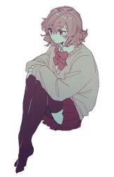 Rule 34 | 1girl, azuma (magi-inazuma), black thighhighs, brown hair, brown sweater, closed mouth, commentary request, expressionless, full body, long sleeves, medium hair, original, pleated skirt, red eyes, red skirt, school uniform, sitting, skirt, sleeves past wrists, solo, sweater, thighhighs