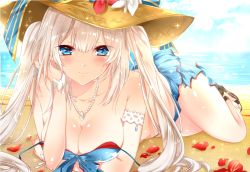 Rule 34 | 1girl, arm support, armlet, bare shoulders, bikini, blue bikini, blue eyes, blush, bracelet, breasts, cleavage, collarbone, commentary request, day, fate/grand order, fate (series), hat, jewelry, long hair, looking at viewer, marie antoinette (fate), marie antoinette (fate/grand order), marie antoinette (swimsuit caster) (fate), marie antoinette (swimsuit caster) (third ascension) (fate), medium breasts, necklace, ocean, outdoors, pearl necklace, petals, raimu (yuzu-raimu), silver hair, smile, solo, strap slip, swimsuit, thighs, twintails, water, wet