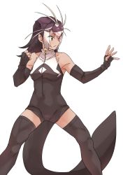 Rule 34 | 1girl, animal ears, antenna hair, bare shoulders, brown gloves, brown hair, brown thighhighs, clenched hand, closed mouth, commentary request, elbow gloves, expressionless, extra ears, eyes visible through hair, feet out of frame, fighting stance, fingerless gloves, front zipper swimsuit, giant otter (kemono friends), gloves, hands up, highres, kemono friends, kemono friends 3, long hair, meme attire, multicolored hair, one-piece swimsuit, orange eyes, otter ears, otter girl, otter tail, sidelocks, simple background, solo, standing, swimsuit, tail, tan, tanabe (fueisei), thighhighs, two-tone hair, two-tone swimsuit, white background, white hair, zipper, zipper pull tab
