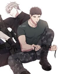 Rule 34 | 2boys, absurdres, black gloves, black sweater, boots, brown hair, camouflage, camouflage pants, dog tags, foot out of frame, gloves, green shirt, grey hair, gun, highres, holding, holding weapon, ilay riegrow, jeong taeui, light smile, long sleeves, looking at viewer, male focus, multiple boys, o ssion, pants, passion (manhwa), rifle, scope, shirt, short hair, short sleeves, sniper rifle, sweater, turtleneck, turtleneck sweater, tying footwear, weapon