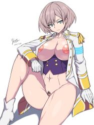 Rule 34 | 1girl, abs, blue eyes, bottomless, breasts, cleavage, cleft of venus, corset, gloves, gridman universe, highres, large areolae, large breasts, light brown hair, long sleeves, looking at viewer, military uniform, mujina, naked shirt, navel, nipples, nishiumi yuuta, on floor, pubic hair, pussy, shirt, short hair, sitting, ssss.dynazenon, uniform, white background, white gloves, white shirt
