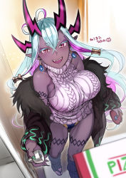 Rule 34 | 1girl, aqua hair, bare shoulders, black coat, breasts, coat, crossed bangs, dark-skinned female, dark skin, earrings, eyeliner, fangs, fate/grand order, fate (series), hair between eyes, highres, horns, ibuki douji (fate), jewelry, large breasts, leg warmers, long hair, long sleeves, makeup, multicolored hair, nail polish, nekomata naomi, off shoulder, oni, oni horns, open clothes, open coat, open mouth, pink hair, pointy ears, red eyes, ribbed sweater, sidelocks, sleeveless, sleeveless sweater, sleeveless turtleneck, slit pupils, smile, solo, sweater, tail, thighs, turtleneck, white sweater, wide sleeves
