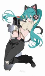 Rule 34 | 1girl, absurdres, alternate costume, animal ear headphones, animal ears, animal hands, aqua eyes, aqua hair, black gloves, black pants, brown shirt, cat tail, character name, double-parted bangs, fake animal ears, fang, floating, full body, gloves, hair between eyes, hatsune miku, headphones, highres, long hair, looking at viewer, midriff, navel, nyan ko (module), open mouth, pants, paw gloves, project diva (series), puffy pants, pulling own clothes, shirt, short sleeves, simple background, skin fang, solo, suspenders, suspenders pull, tail, twintails, vocaloid, white background, z3zz4