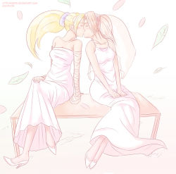 Rule 34 | 2girls, bare arms, bare shoulders, blonde hair, breasts, cherry blossoms, closed eyes, crossed legs, dated, dress, face-to-face, hair up, hairband, hands on lap, haruno sakura, heart, high heels, high ponytail, kiss, leaf, long hair, looking at another, multiple girls, naruto, naruto (series), pink hair, ponytail, shoes, short hair, sitting, sitting on table, sitting together, table, tentacuddles, tongue, tongue out, veil, wedding dress, wife and wife, wind, yamanaka ino, yuri