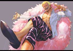 Rule 34 | 1boy, abs, blonde hair, donquixote doflamingo, earrings, feather boa, foot out of frame, jewelry, leg hair, male focus, one piece, open clothes, open shirt, pectoral cleavage, pectorals, shoes, short hair, shorts, smile, solo, stomach, string, string pull, sunglasses, toned, toned male, yonekura naoyasu
