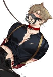 Rule 34 | 1boy, animal ears, arms behind back, bdsm, blonde hair, blood, blood on clothes, blue eyes, blush, bondage, bound, clenched teeth, collar, commentary, cuts, dog boy, dog ears, english commentary, hair between eyes, highres, injury, jujeop, leash, leon s. kennedy, looking at viewer, male focus, muzzle, navel, open fly, pectorals, red collar, red rope, resident evil, resident evil 4, resident evil 4 (remake), rope, short hair, solo, teeth, torn clothes, white background